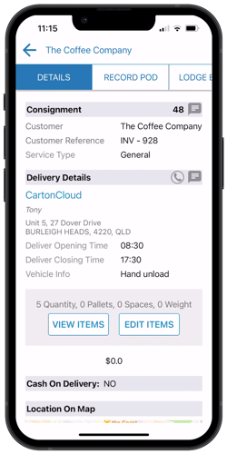 CartonCloud address mobile app update