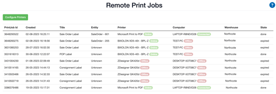 CartonCloud remote print job page