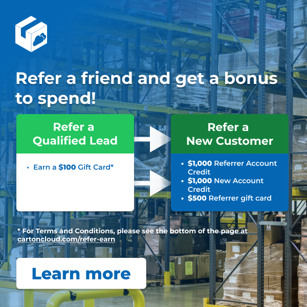 Graphic which links to and explains the CartonCloud Refer and Earn program